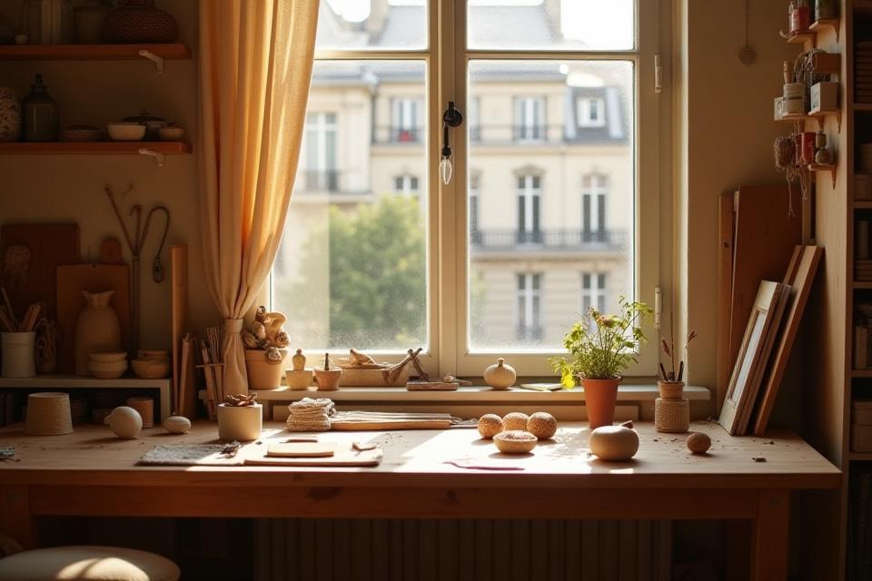 Un atelier parisien baigné de lumière naturelle, des outils artisanaux posés sur un établi en bois, invitant à la création.
